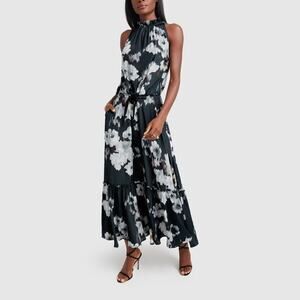 G. Label by Goop Sammy Pleat Neck Floral Print Mid Length Silk Dress Size 6